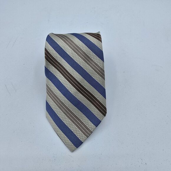 Mens Necktie Pronto Uomo Formal 57"Lx3.5"W Tan, Blue, Striped Silk Vintage - Picture 1 of 6